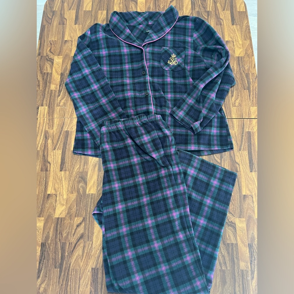Lauren Ralph Lauren Women’s Plaid purple&green fleece Pajama Set Gold Logo XL